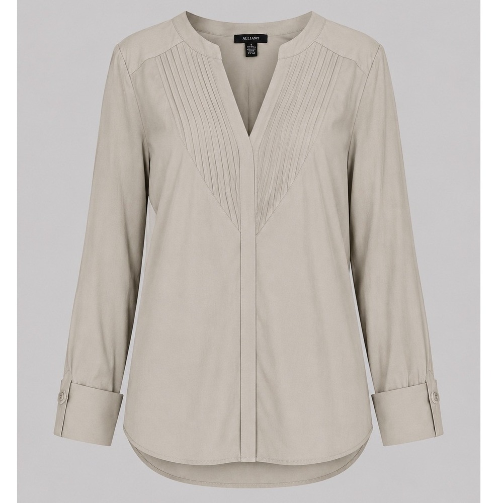Alfani Womens Taupe Beige Pintuck Pleated V-Neck 3/4 Roll Tab Sleeve Blouse 6